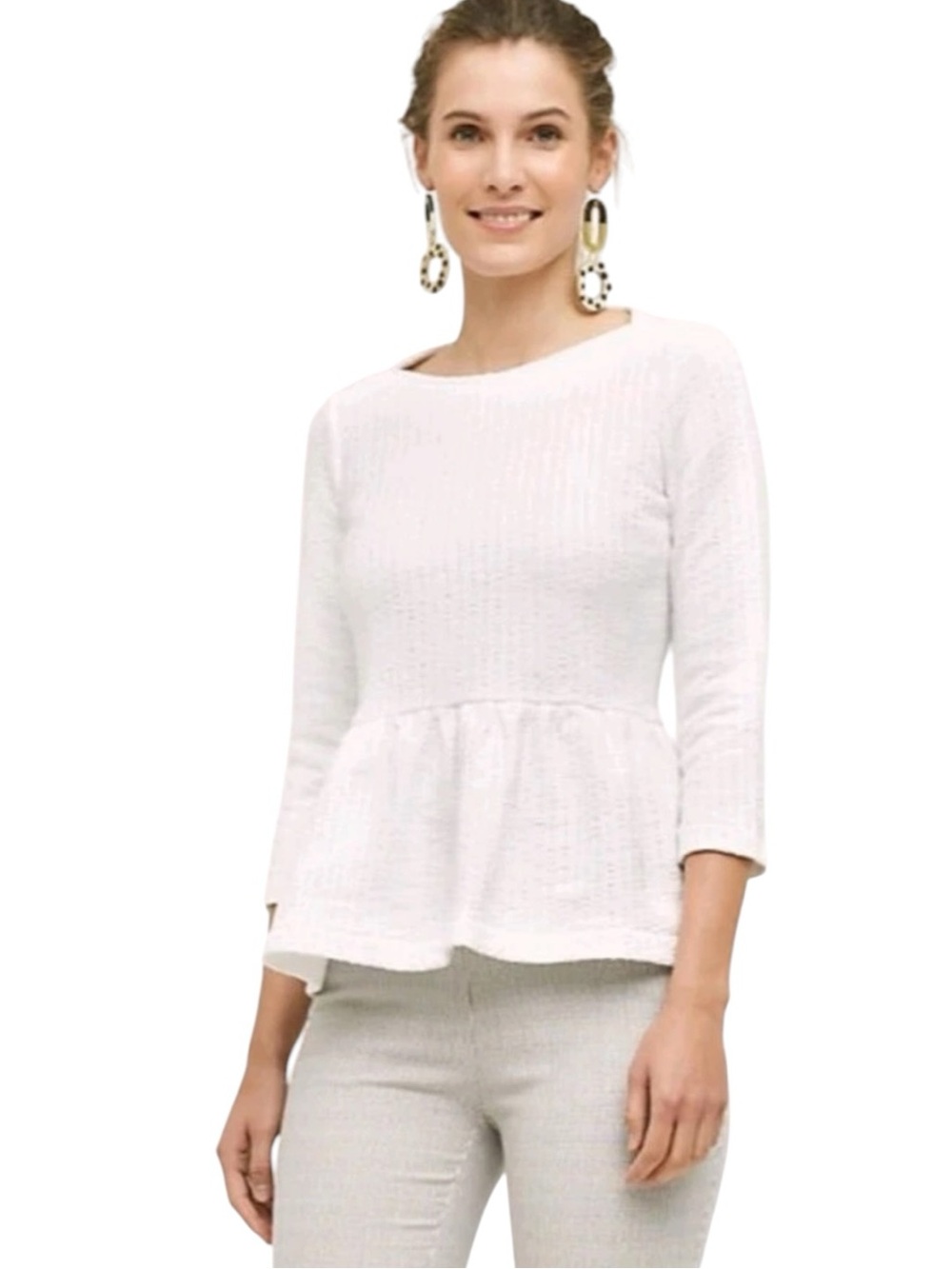 Anthropologie x Amadi Textured Ruffled Peplum 3/4 Sleeve Top in White